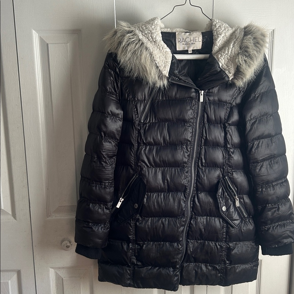 Women's Black Puffer Jacket with Faux Fur Hood.  Medium